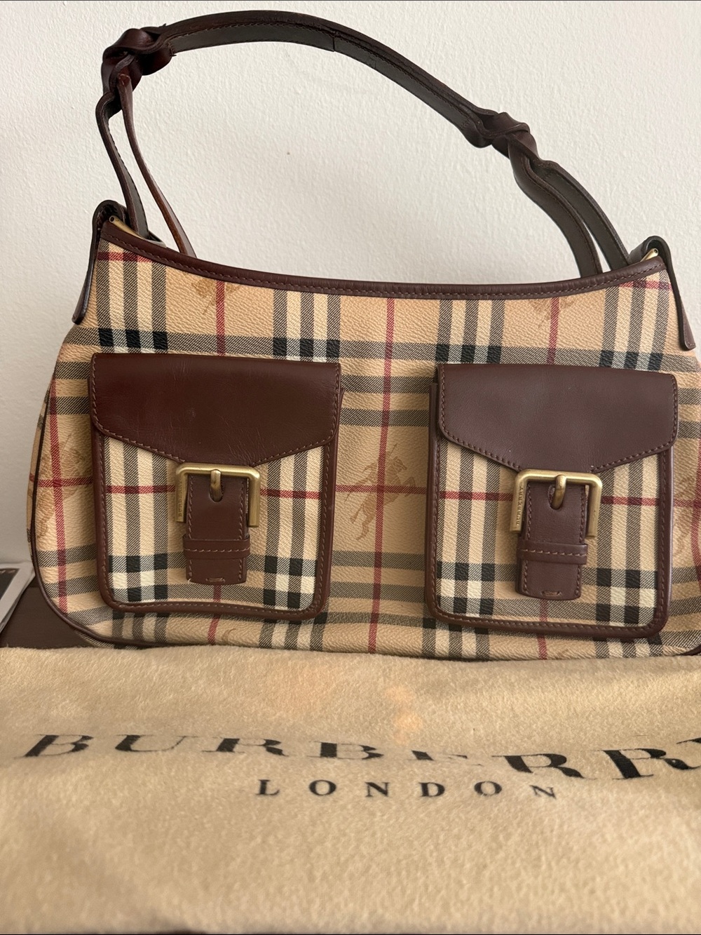 Burberry Beige Nova Check Shoulder Bag with Brown Leather Pockets